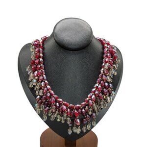 Handcrafted Irridescent Tassel Beaded Statement Necklace Red/Clear Glass Beads